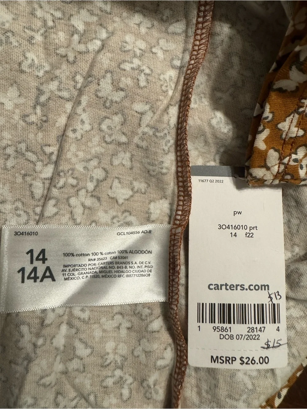 Carter's NWT Girls Cotton Brown Butterfly’s Long Sleeve Casual Dress Sz 14
